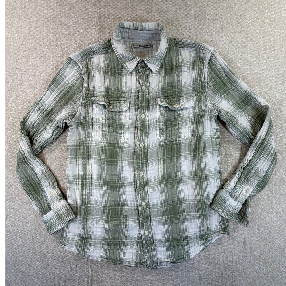 Outerknown Mens Medium Green White Slowdown Plaid Long Sleeve Button Front Shirt